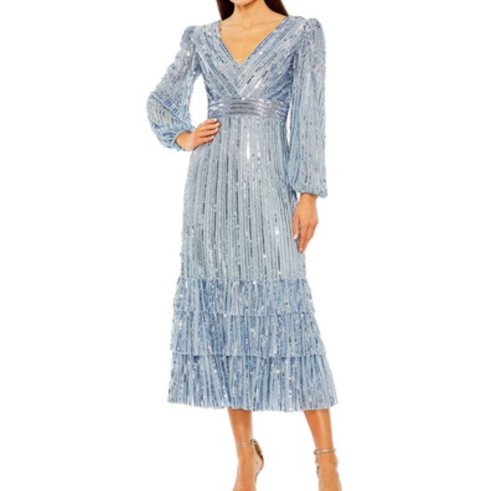 Mac Duggal Slate Blue Long Sleeve Deep V Tiered Ruffle Sequin Dress
